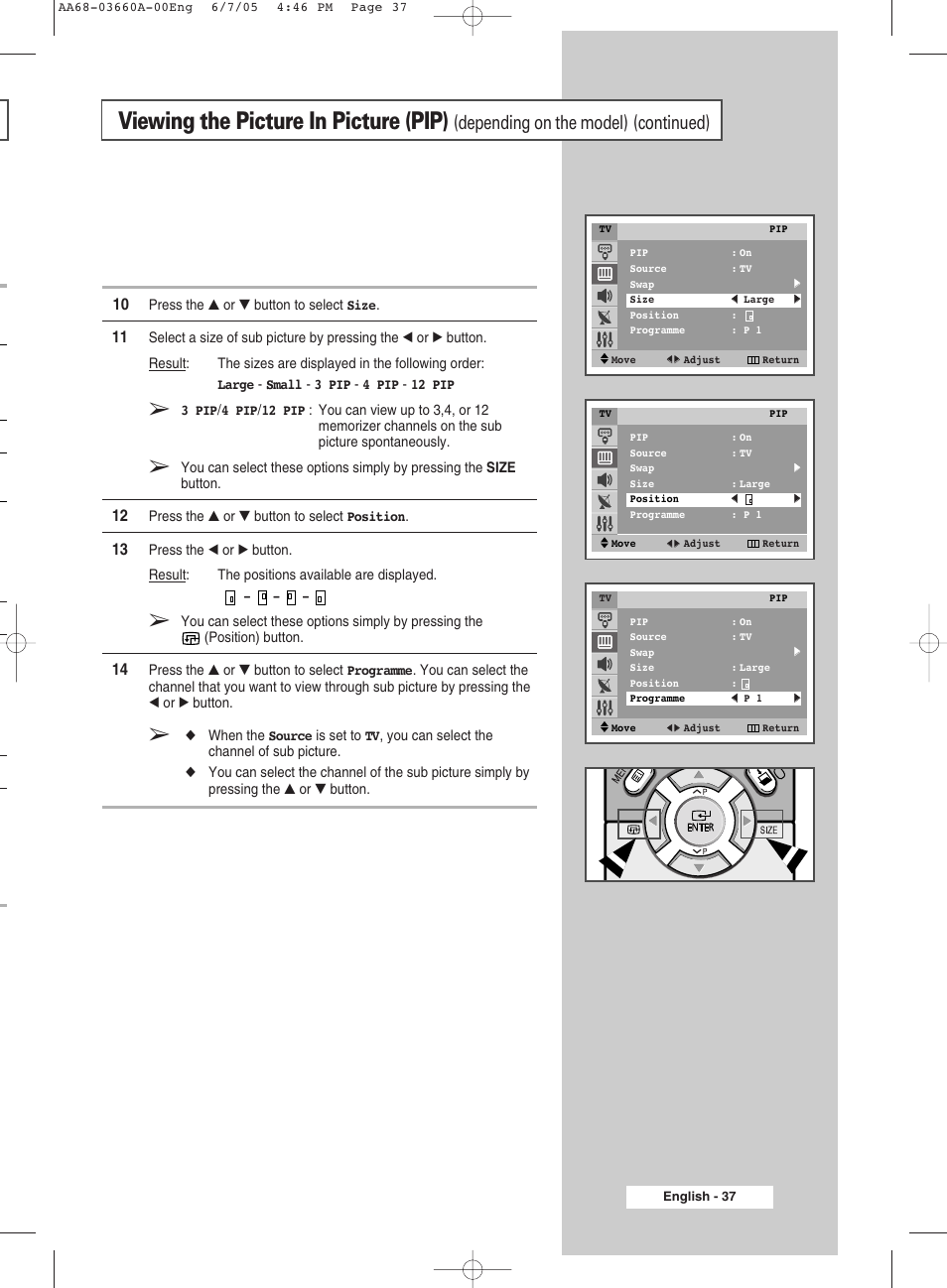 Viewing the picture in picture (pip), Depending on the model) (continued) | Samsung WS32Z306VBXXEC User Manual | Page 37 / 48