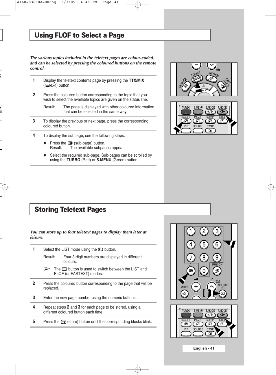 Using flof to select a page, Storing teletext pages | Samsung WS32Z306VBXXEC User Manual | Page 41 / 48