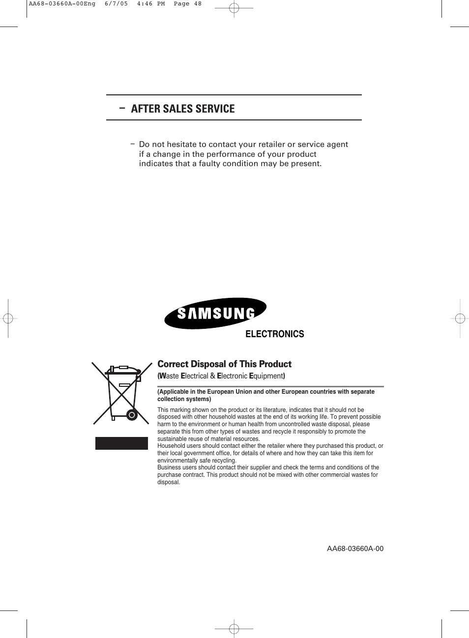 After sales service | Samsung WS32Z306VBXXEC User Manual | Page 48 / 48