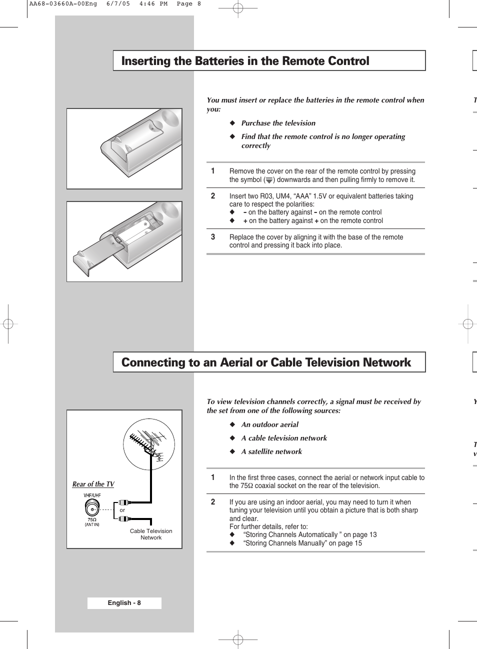 Inserting the batteries in the remote control | Samsung WS32Z306VBXXEC User Manual | Page 8 / 48