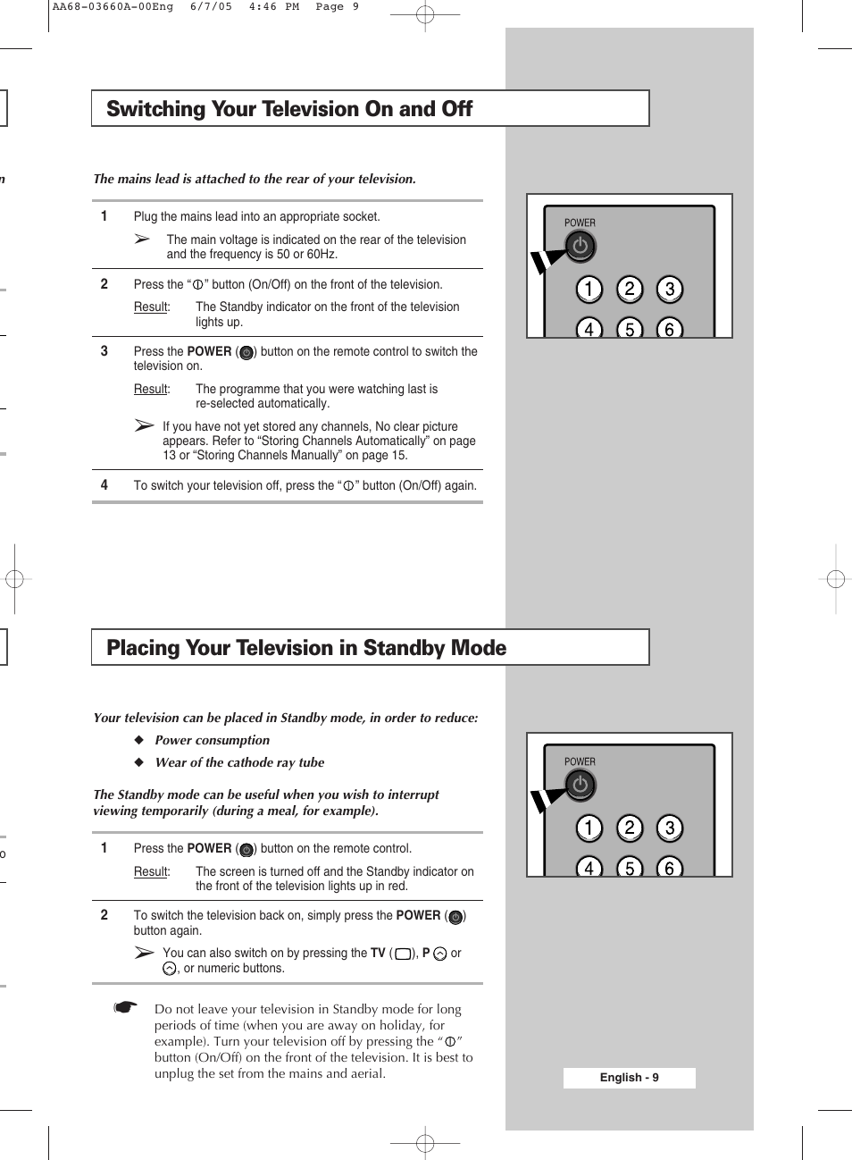 Switching your television on and off, Placing your television in standby mode | Samsung WS32Z306VBXXEC User Manual | Page 9 / 48