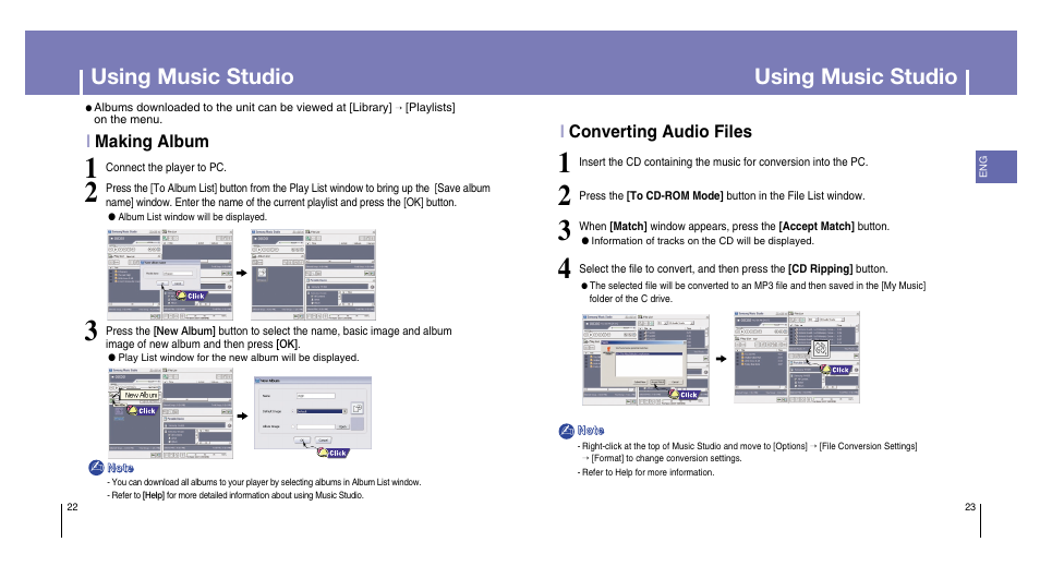 Using music studio, Imaking album, Iconverting audio files | Samsung YH-820MC-XAA User Manual | Page 12 / 31