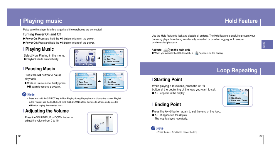 Playing music, Hold feature, Loop repeating | Istarting point, Iending point, Iplaying music i pausing music, Iadjusting the volume | Samsung YH-820MC-XAA User Manual | Page 19 / 31