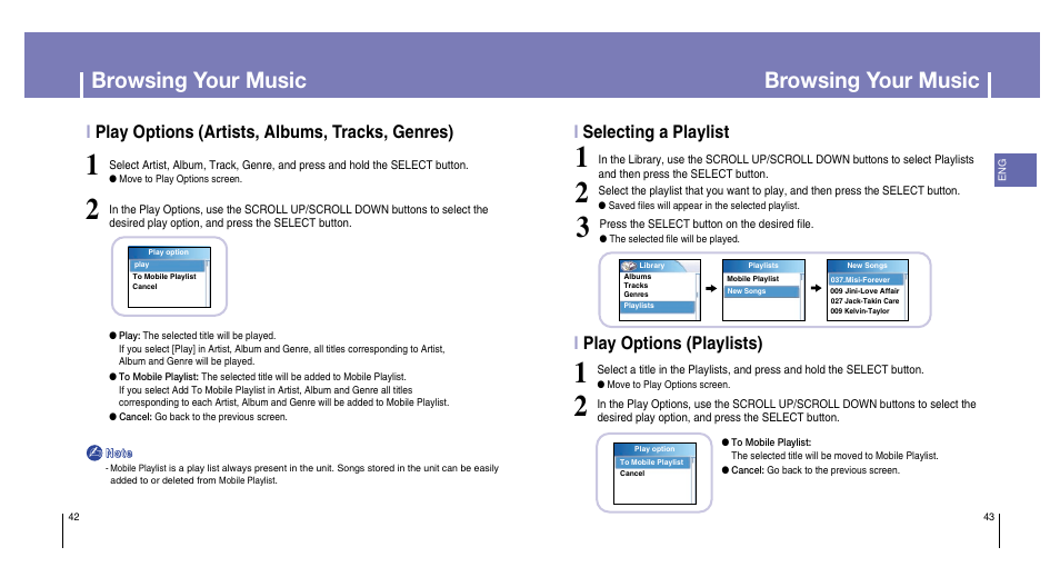 Browsing your music, Iplay options (playlists), Iselecting a playlist | Iplay options (artists, albums, tracks, genres) | Samsung YH-820MC-XAA User Manual | Page 22 / 31