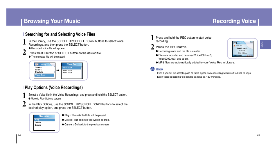 Recording voice, Browsing your music, Iplay options (voice recordings) | Isearching for and selecting voice files | Samsung YH-820MC-XAA User Manual | Page 23 / 31