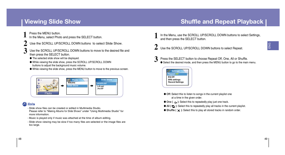 Viewing slide show, Shuffle and repeat playback | Samsung YH-820MC-XAA User Manual | Page 25 / 31