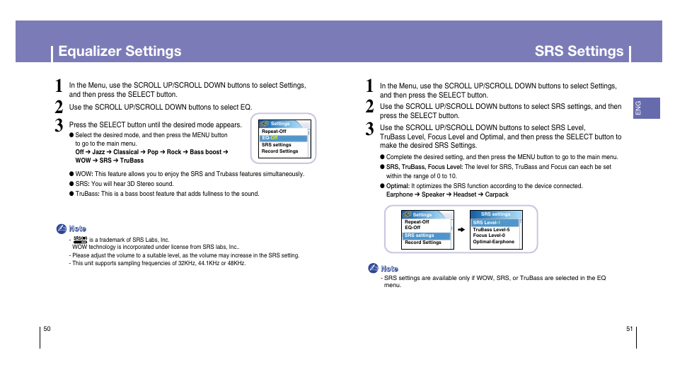 Equalizer settings, Srs settings | Samsung YH-820MC-XAA User Manual | Page 26 / 31