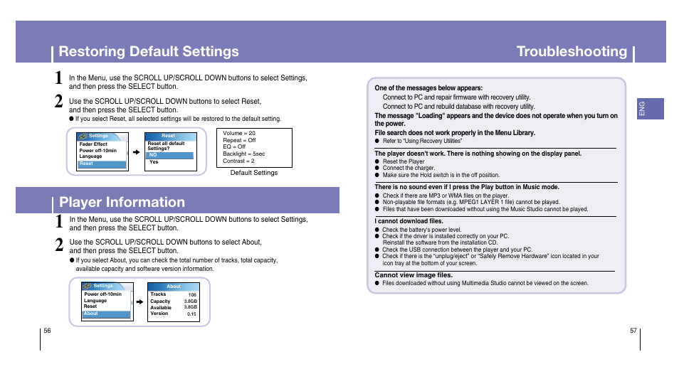 Restoring default settings, Player information, Troubleshooting | Samsung YH-820MC-XAA User Manual | Page 29 / 31