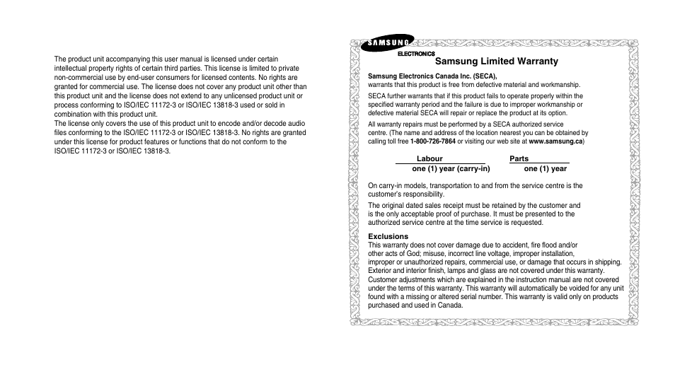 Samsung limited warranty | Samsung YH-820MC-XAA User Manual | Page 31 / 31
