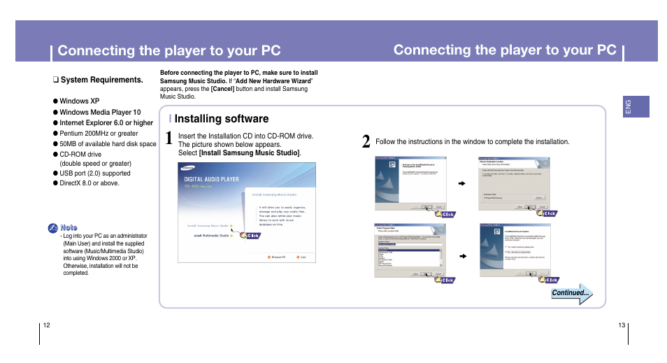 Connecting the player to your pc, Iinstalling software | Samsung YH-820MC-XAA User Manual | Page 7 / 31