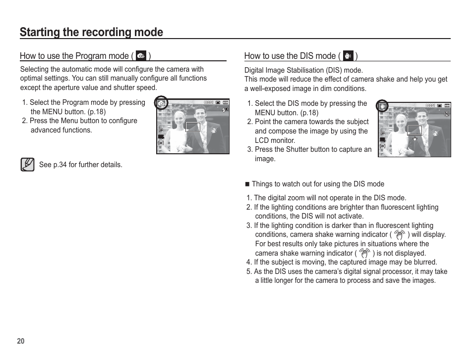 Starting the recording mode | Samsung EC-SL35ZZBARUS User Manual | Page 21 / 102