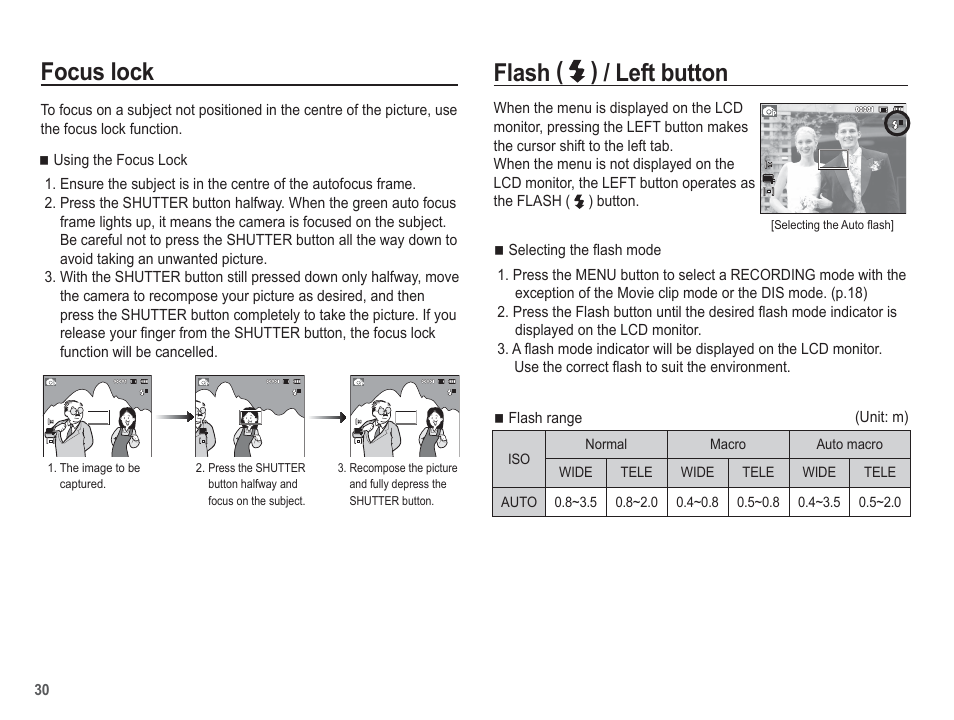 Focus lock, Flash ( ) / left button | Samsung EC-SL35ZZBARUS User Manual | Page 31 / 102