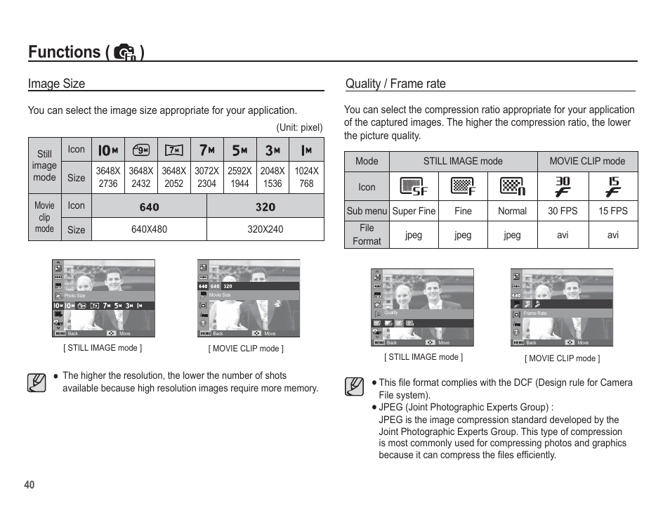 Functions ( ), Image size, Quality / frame rate | Samsung EC-SL35ZZBARUS User Manual | Page 41 / 102