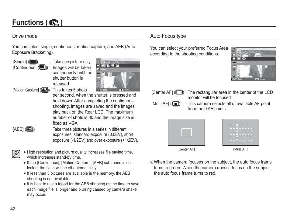Functions ( ), Drive mode, Auto focus type | Samsung EC-SL35ZZBARUS User Manual | Page 43 / 102