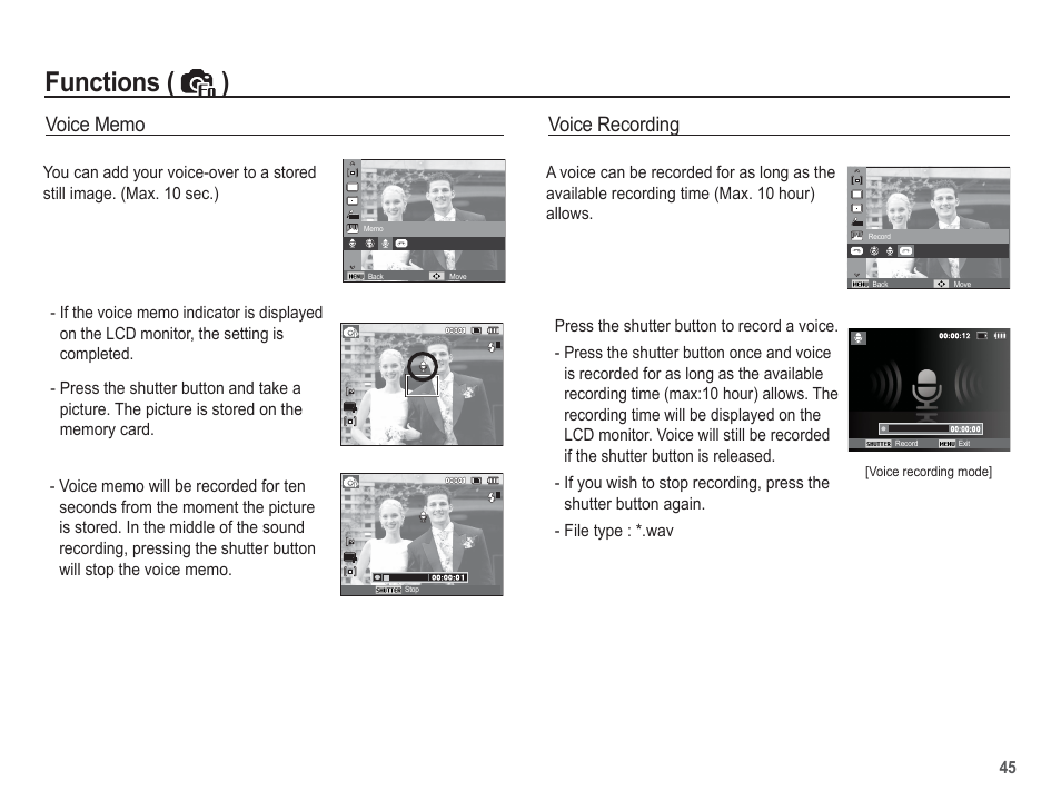 Functions ( ), Voice recording | Samsung EC-SL35ZZBARUS User Manual | Page 46 / 102