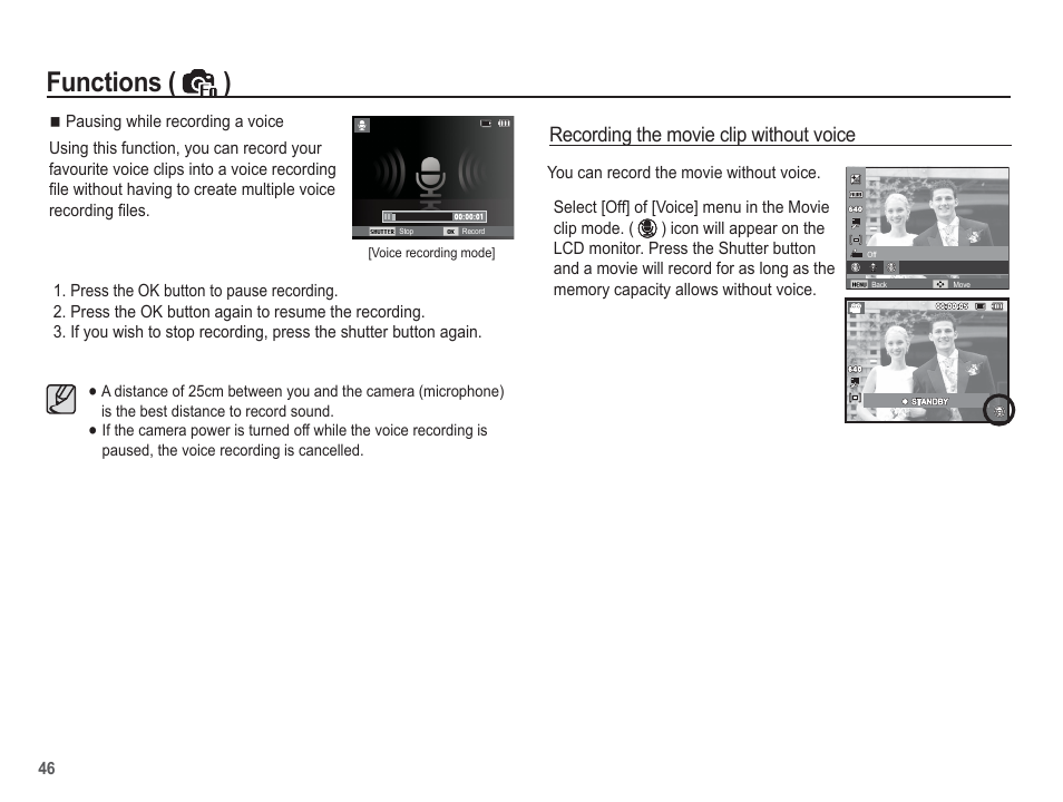 Functions ( ), Recording the movie clip without voice | Samsung EC-SL35ZZBARUS User Manual | Page 47 / 102