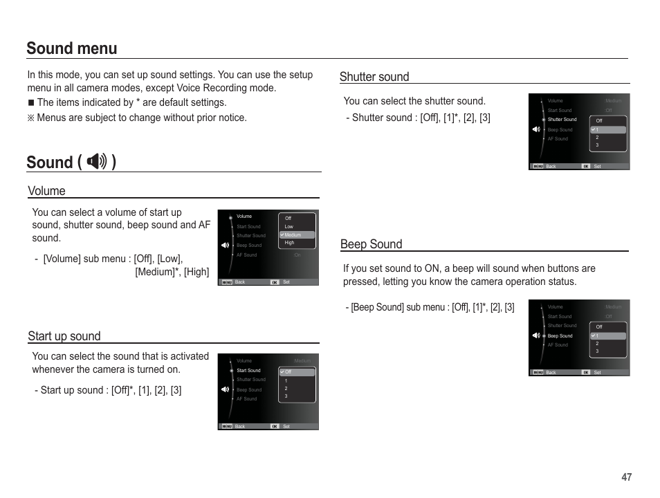 Sound menu, Sound, Volume | Start up sound, Shutter sound, Beep sound | Samsung EC-SL35ZZBARUS User Manual | Page 48 / 102