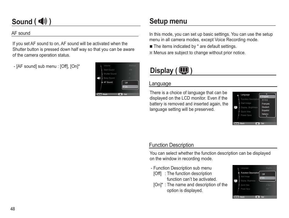 Setup menu, Display ( ) sound, Language | Function description, Af sound | Samsung EC-SL35ZZBARUS User Manual | Page 49 / 102