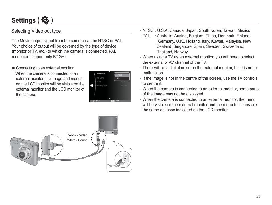 Settings ( ” ), Selecting video out type | Samsung EC-SL35ZZBARUS User Manual | Page 54 / 102