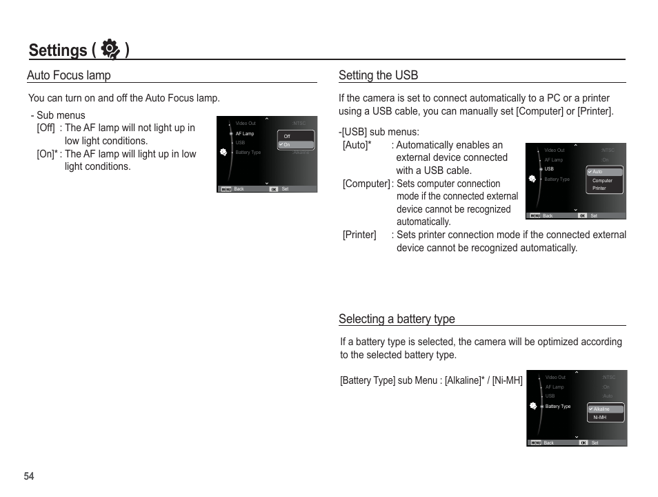 Settings ( ” ), Auto focus lamp selecting a battery type, Setting the usb | Samsung EC-SL35ZZBARUS User Manual | Page 55 / 102