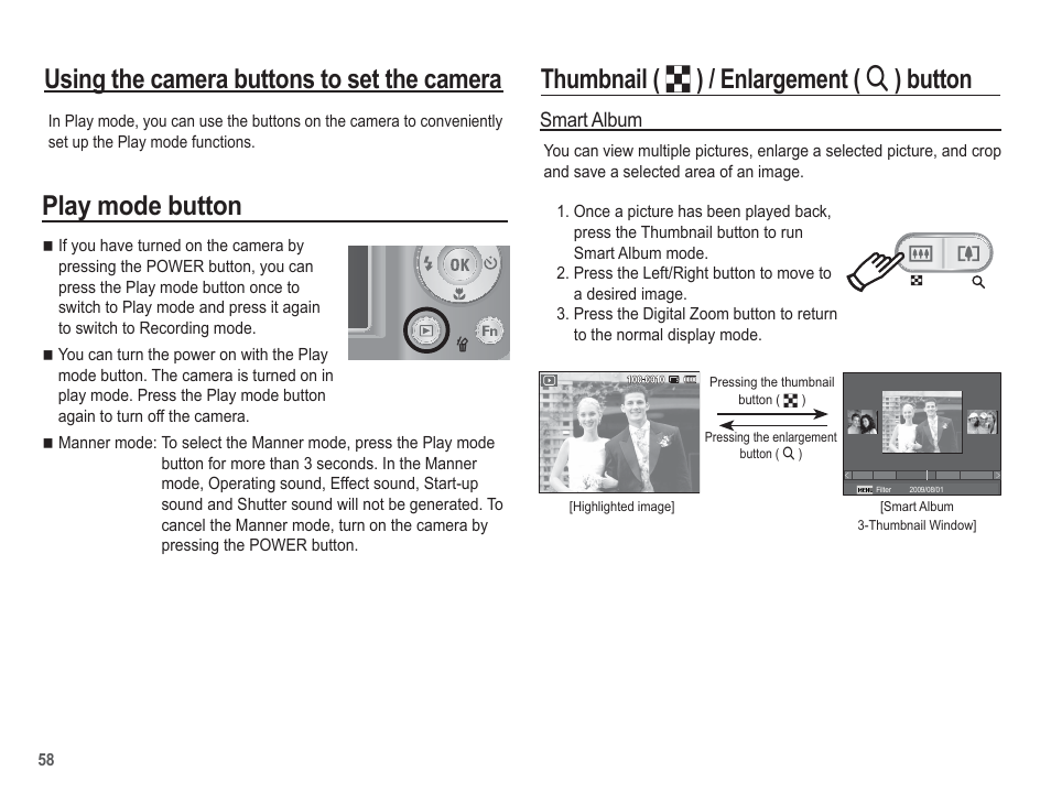 Play mode button, Smart album | Samsung EC-SL35ZZBARUS User Manual | Page 59 / 102