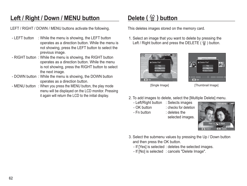 Delete ( õ ) button, Left / right / down / menu button | Samsung EC-SL35ZZBARUS User Manual | Page 63 / 102