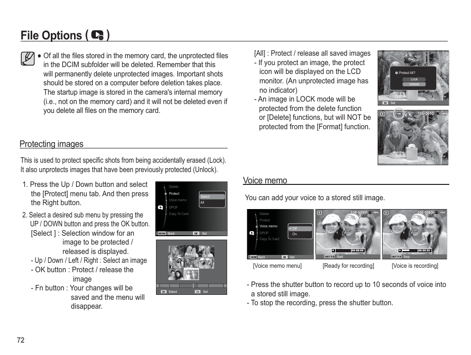 File options ( ), Protecting images, You can add your voice to a stored still image | Samsung EC-SL35ZZBARUS User Manual | Page 73 / 102