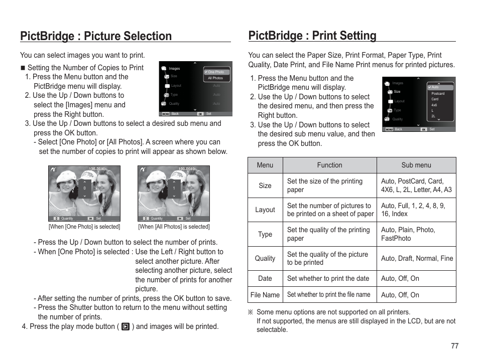 Pictbridge : picture selection, Pictbridge : print setting | Samsung EC-SL35ZZBARUS User Manual | Page 78 / 102