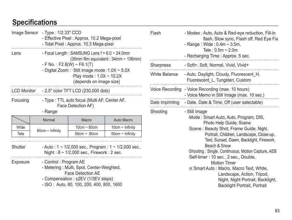 Specifications | Samsung EC-SL35ZZBARUS User Manual | Page 84 / 102