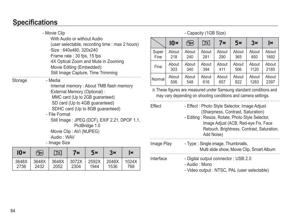 Specifications | Samsung EC-SL35ZZBARUS User Manual | Page 85 / 102