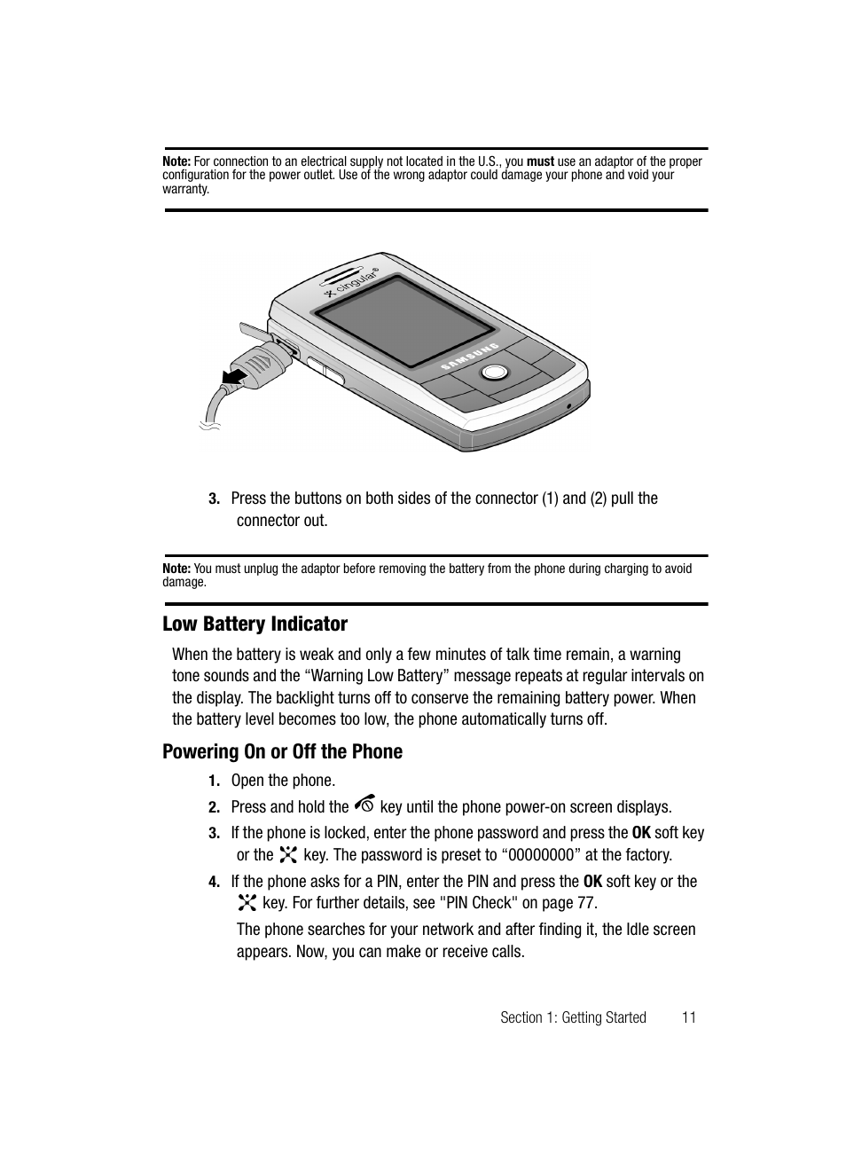 Powering on or off the phone, Low battery indicator | Samsung SGH-D807ZKACIN User Manual | Page 11 / 137