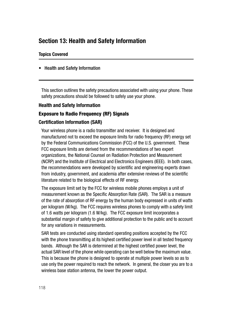 Section 13: health and safety information, Health and safety information | Samsung SGH-D807ZKACIN User Manual | Page 118 / 137