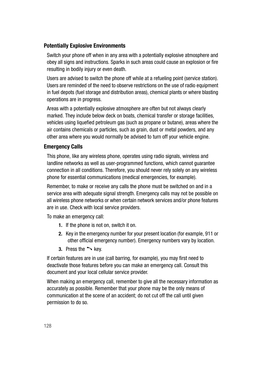Potentially explosive environments emergency calls | Samsung SGH-D807ZKACIN User Manual | Page 128 / 137