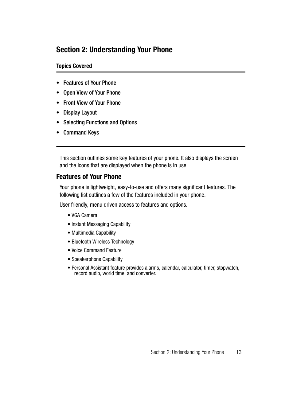 Section 2: understanding your phone, Features of your phone | Samsung SGH-D807ZKACIN User Manual | Page 13 / 137