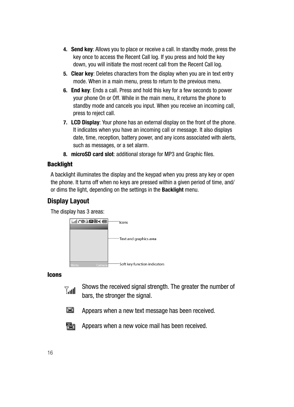 Display layout | Samsung SGH-D807ZKACIN User Manual | Page 16 / 137