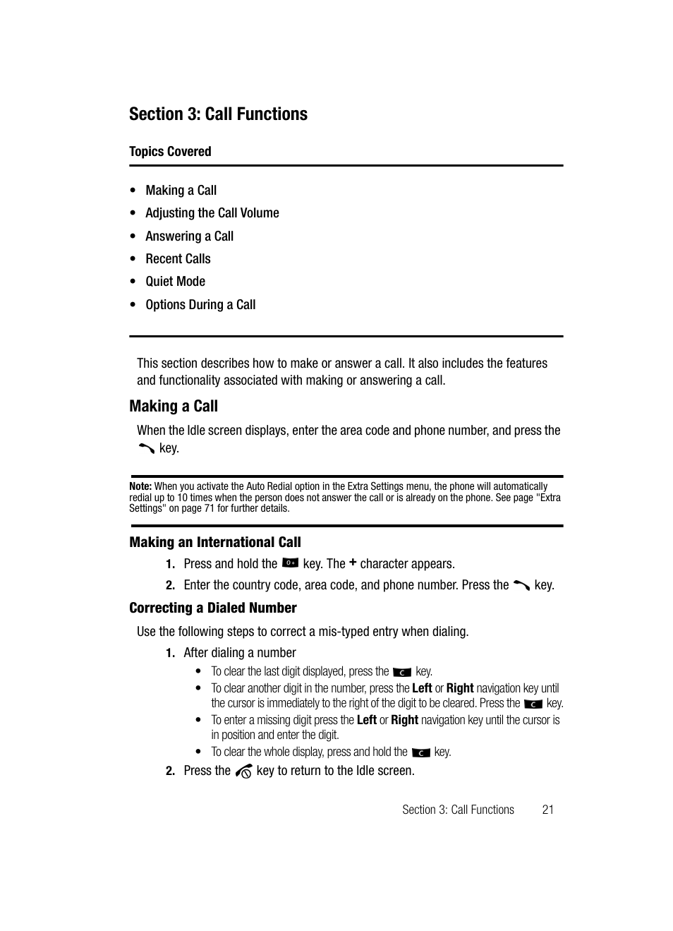 Section 3: call functions, Making a call | Samsung SGH-D807ZKACIN User Manual | Page 21 / 137