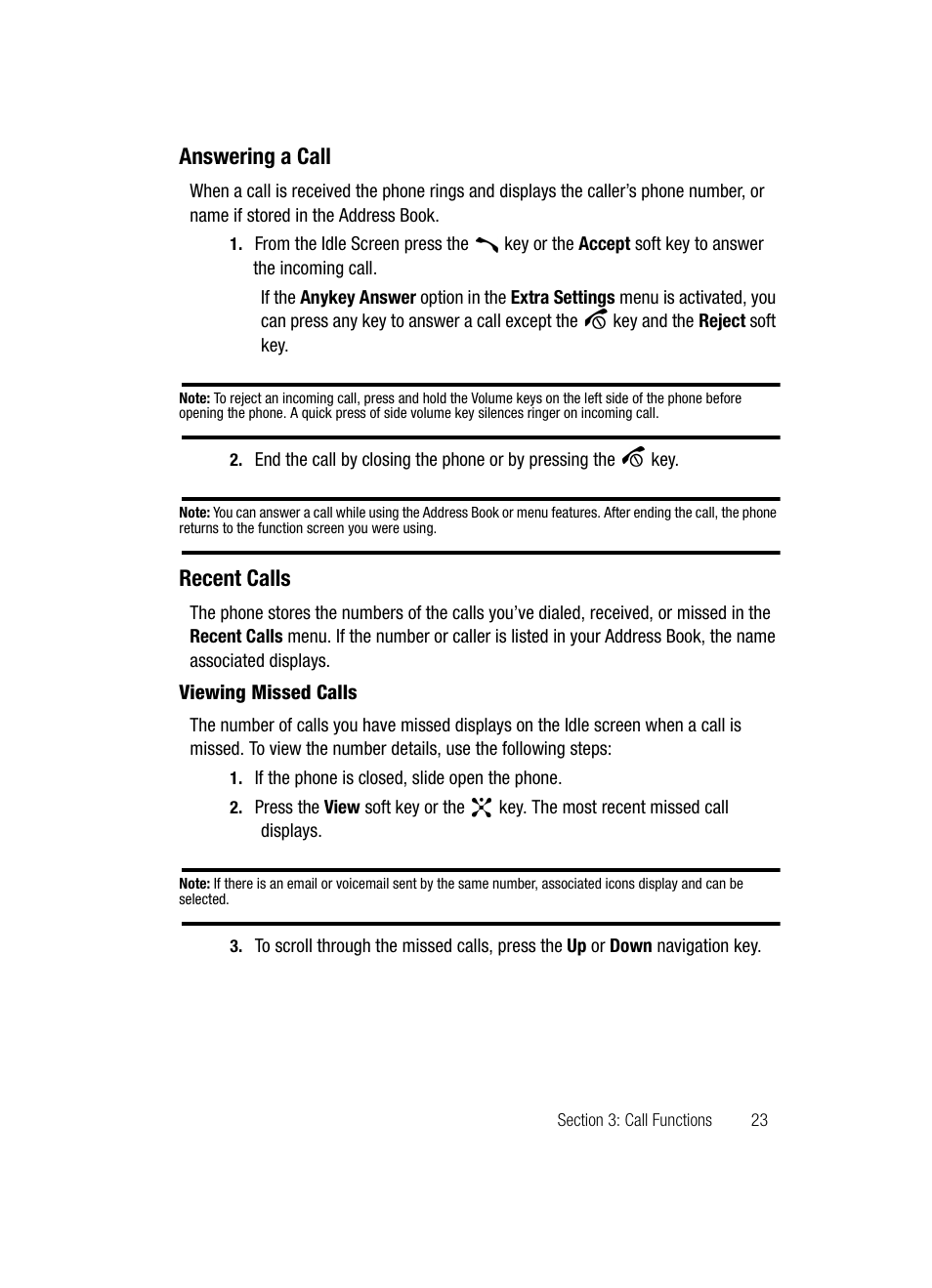 Answering a call recent calls, Answering a call, Recent calls | Samsung SGH-D807ZKACIN User Manual | Page 23 / 137