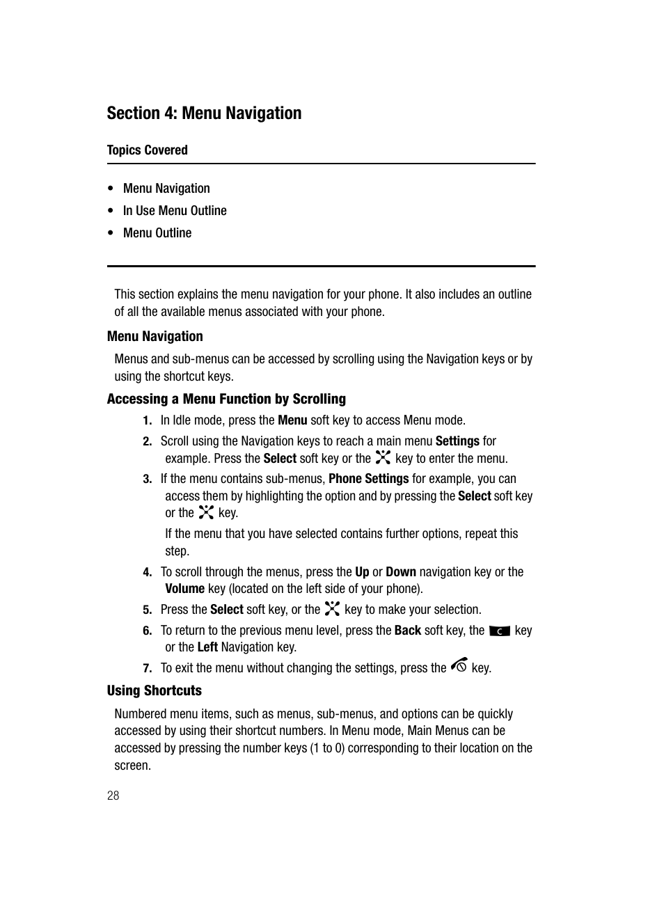 Section 4: menu navigation, Menu navigation | Samsung SGH-D807ZKACIN User Manual | Page 28 / 137