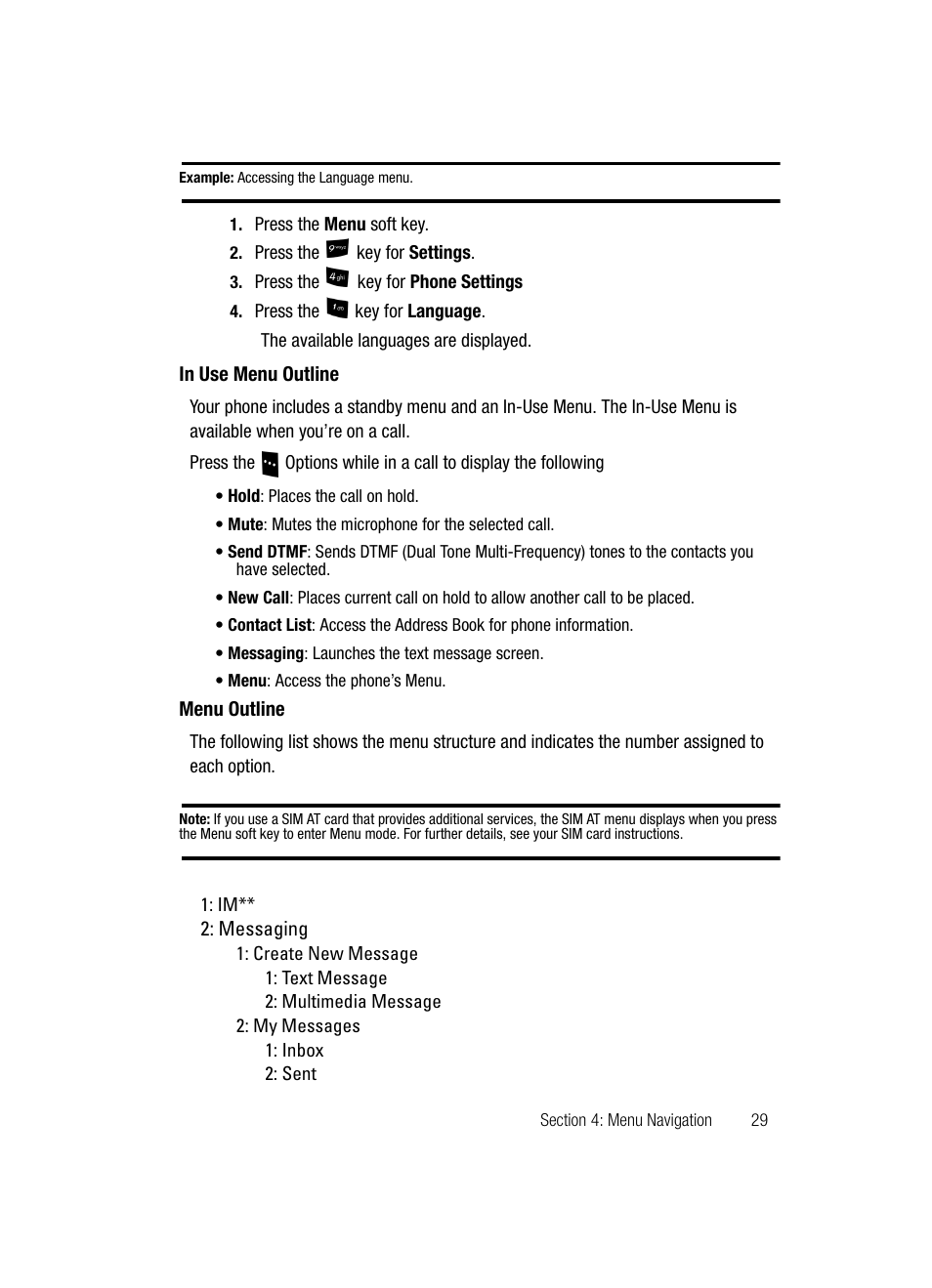 In use menu outline menu outline | Samsung SGH-D807ZKACIN User Manual | Page 29 / 137