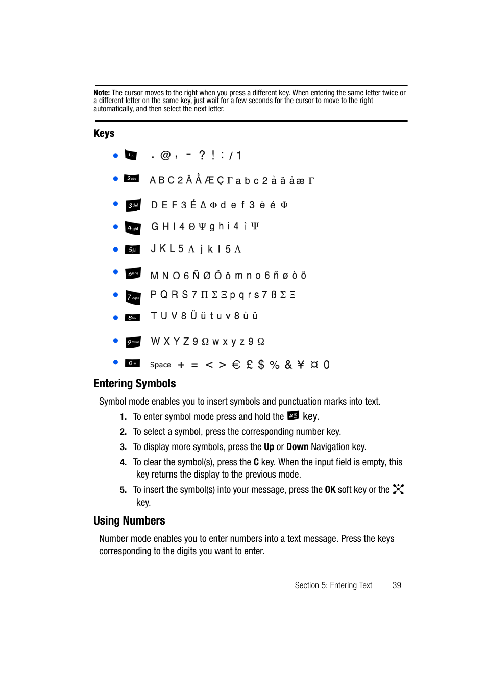 Entering symbols using numbers | Samsung SGH-D807ZKACIN User Manual | Page 39 / 137