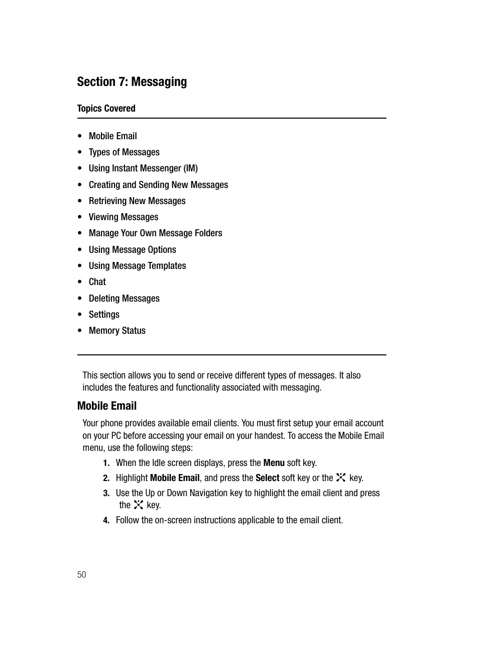 Section 7: messaging, Mobile email | Samsung SGH-D807ZKACIN User Manual | Page 50 / 137