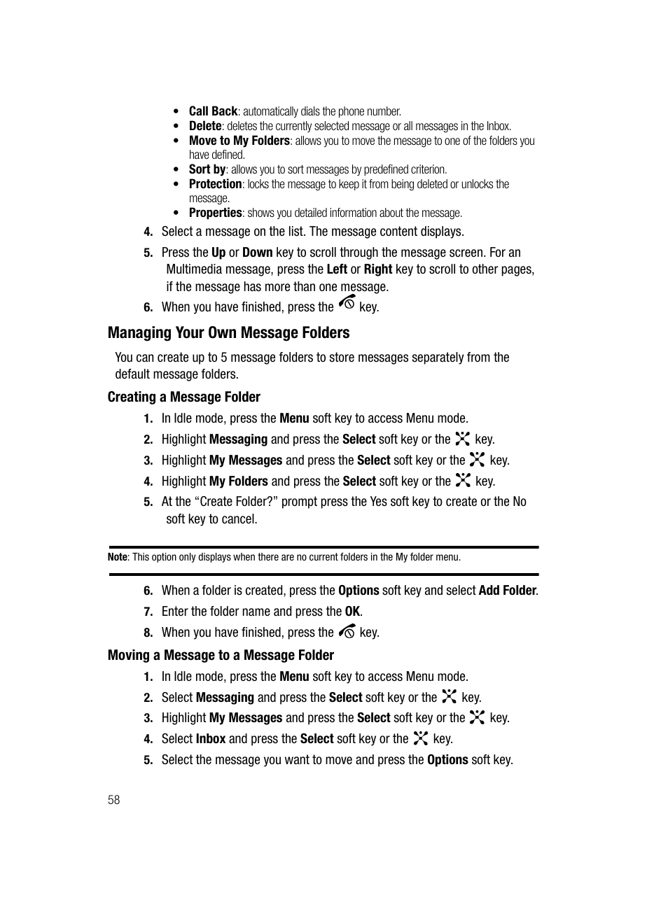 Managing your own message folders | Samsung SGH-D807ZKACIN User Manual | Page 58 / 137