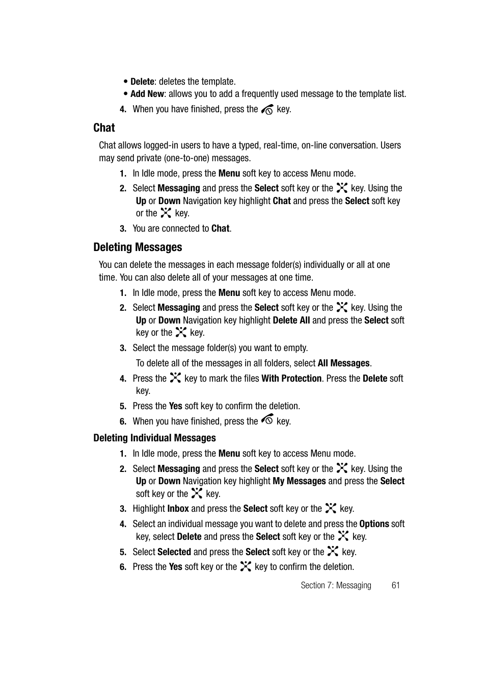 Chat deleting messages, Chat, Deleting messages | Samsung SGH-D807ZKACIN User Manual | Page 61 / 137