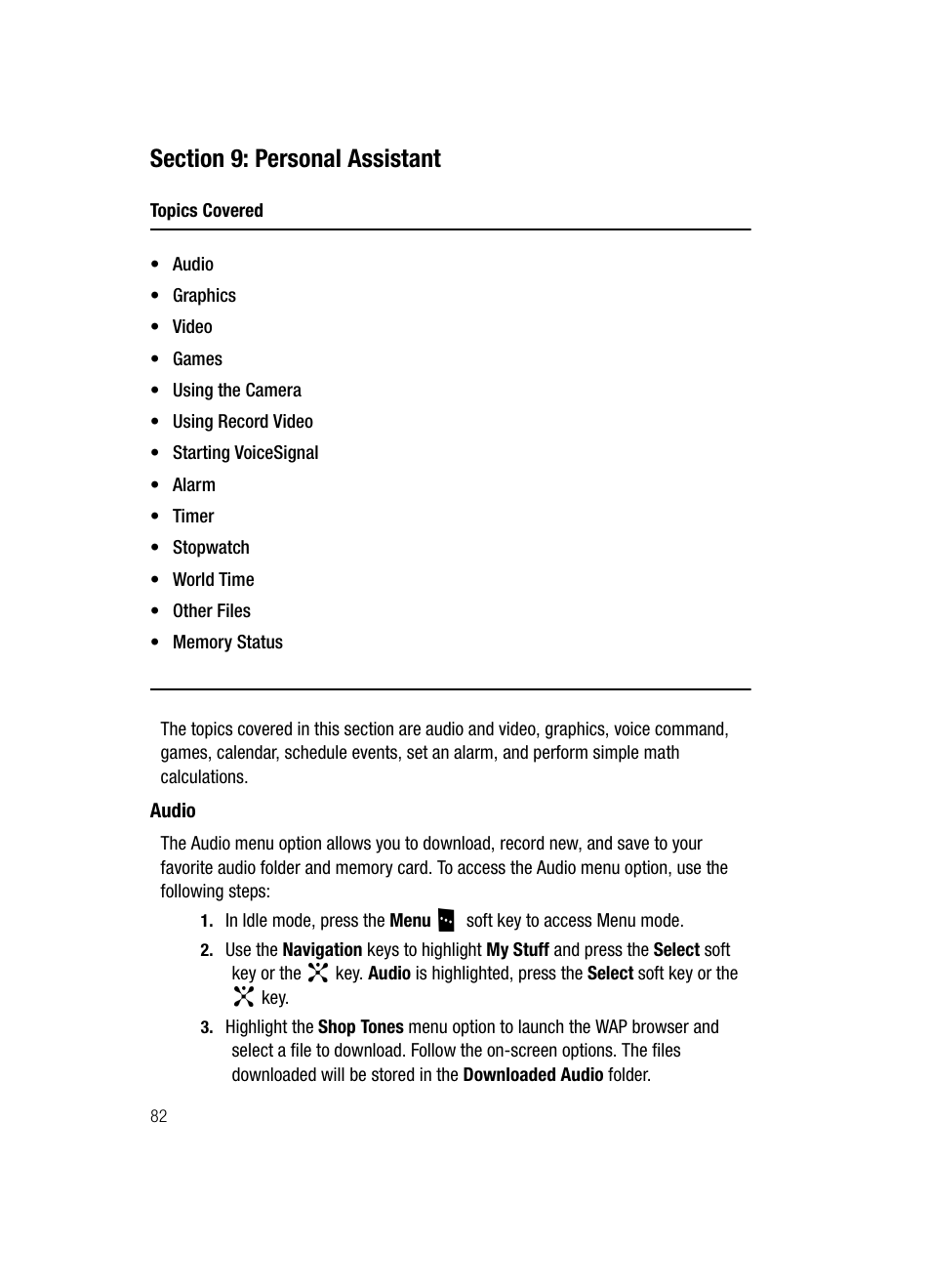 Section 9: personal assistant, Audio | Samsung SGH-D807ZKACIN User Manual | Page 82 / 137