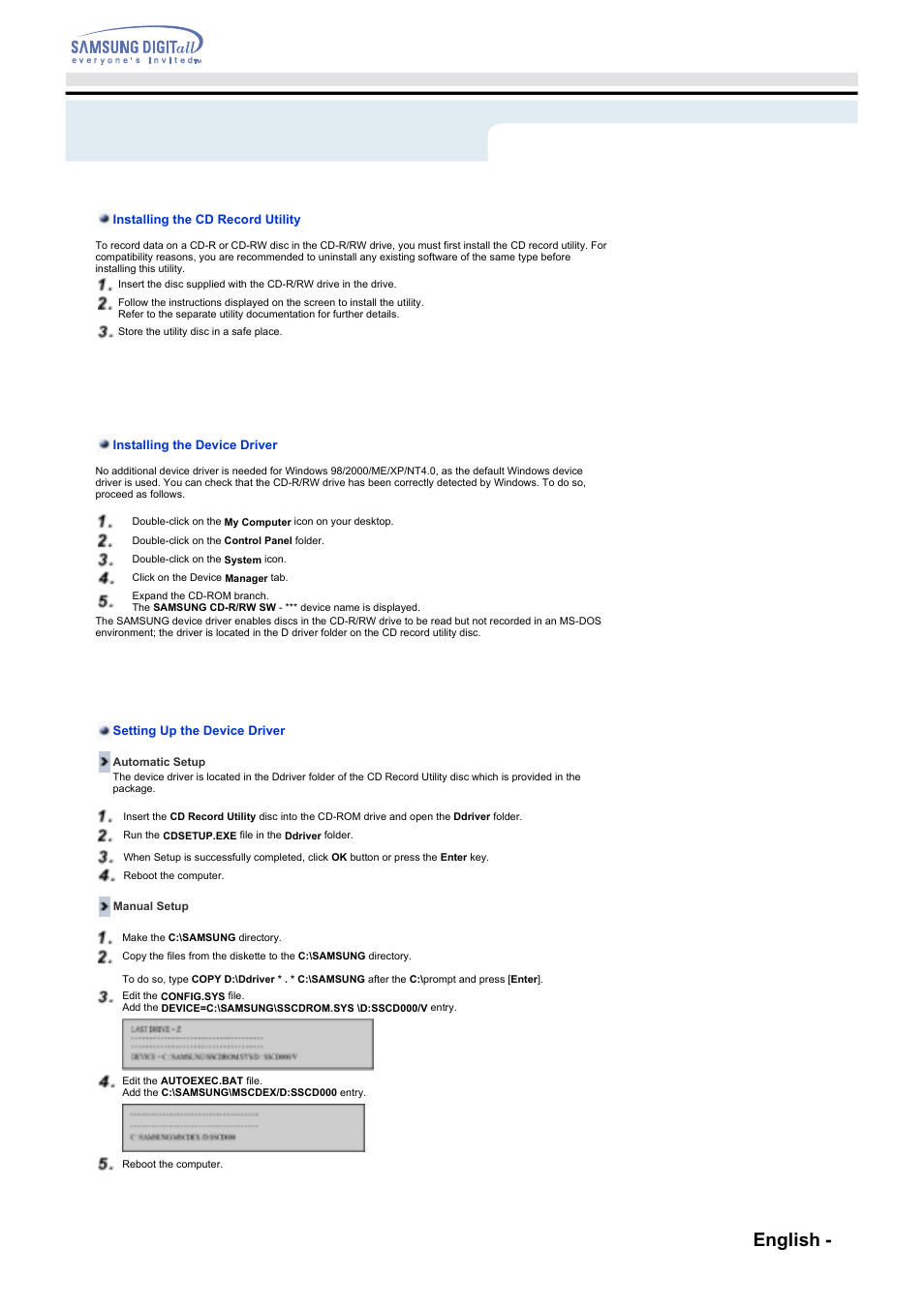 Setup - installing the cd record utility, Setup, English - 12 | Samsung SW-248F-PTG9 User Manual | Page 11 / 18