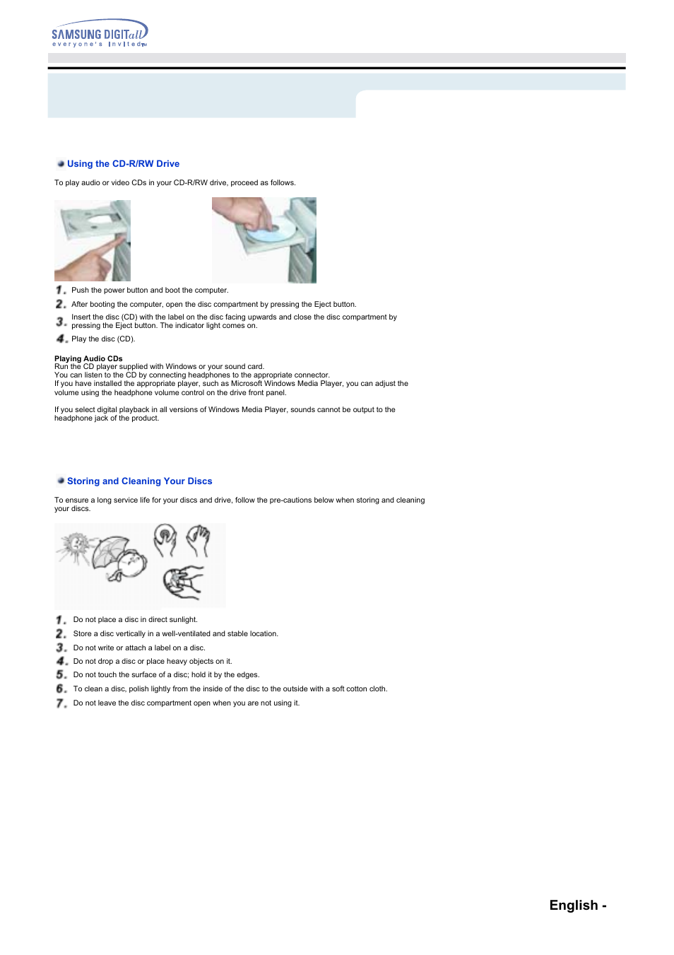 Using the drive - using the cd-r/rw drive, Using the drive, English - 13 | Samsung SW-248F-PTG9 User Manual | Page 12 / 18
