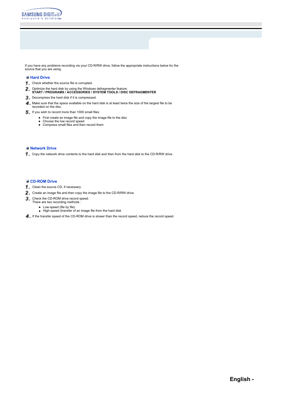 Troubleshooting - solving recording problems, Troubleshooting, English - 15 | Samsung SW-248F-PTG9 User Manual | Page 14 / 18