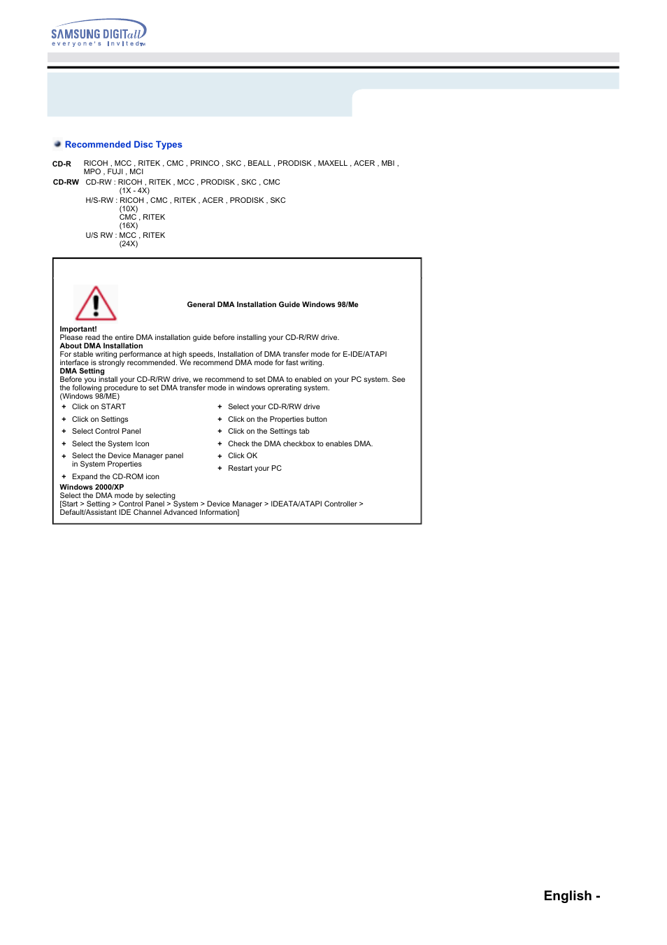 Troubleshooting - recommended disc types, Troubleshooting, English - 17 | Samsung SW-248F-PTG9 User Manual | Page 16 / 18