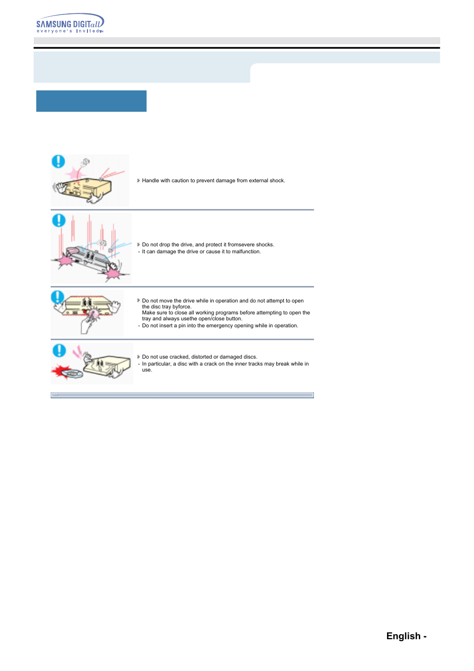Safety precaution - while operating, Safety precautions, While operating english - 5 | Samsung SW-248F-PTG9 User Manual | Page 4 / 18