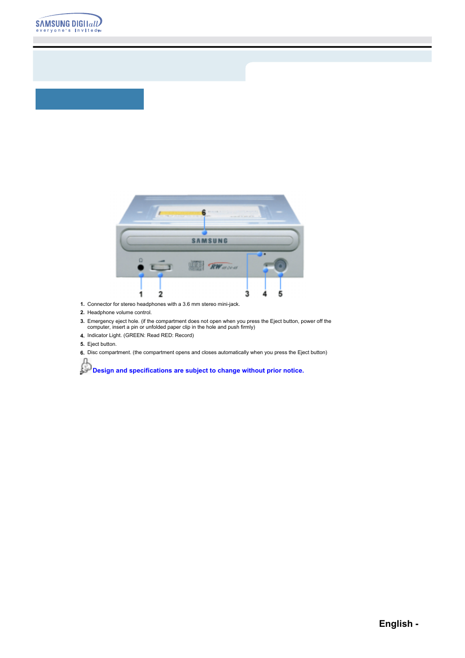 Introduction - front, Introduction, Front english - 7 | Samsung SW-248F-PTG9 User Manual | Page 6 / 18